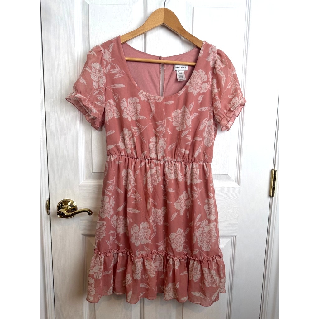 Pink Floral Chiffon Mini Dress Puff Sleeve Tiered Boho Wedding Guest